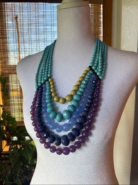 VTG Dana Buchman Tiered Beaded Statement Necklace - Cool Tones